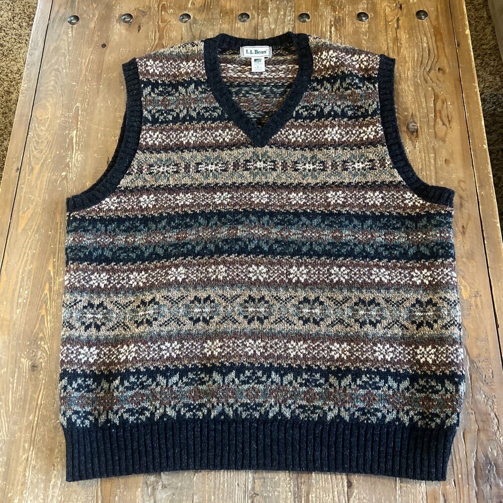 L.L.Bean Vintage 100% Wool Sweater Vest Mens Large Tall Fair Isle VNeck Scotland